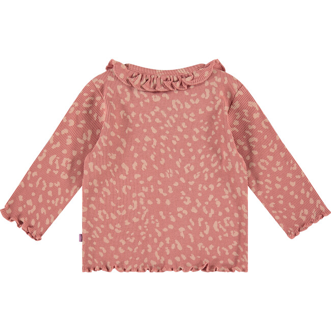 Wrap-Around Ruffled Collar Leopard Print Ribbed Long Sleeve Tee Shirt, Pink - T-Shirts - 2