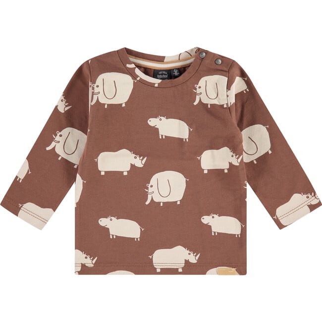 Rhino And Elephant Graphic Long Sleeve Tee Shirt, Chocolate Brown