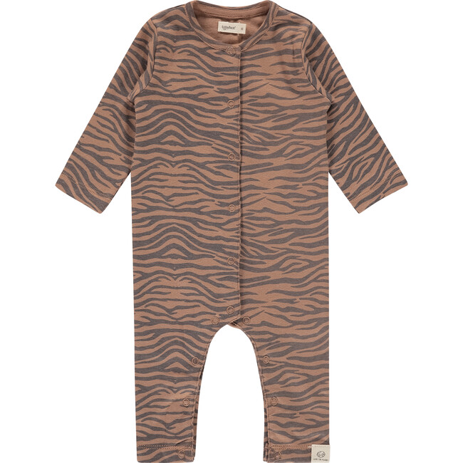Knit Animal Print Long Sleeve Romper, Mocha - Rompers - 1