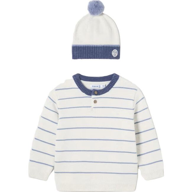 Baby Striped Sweater with Hat, White
