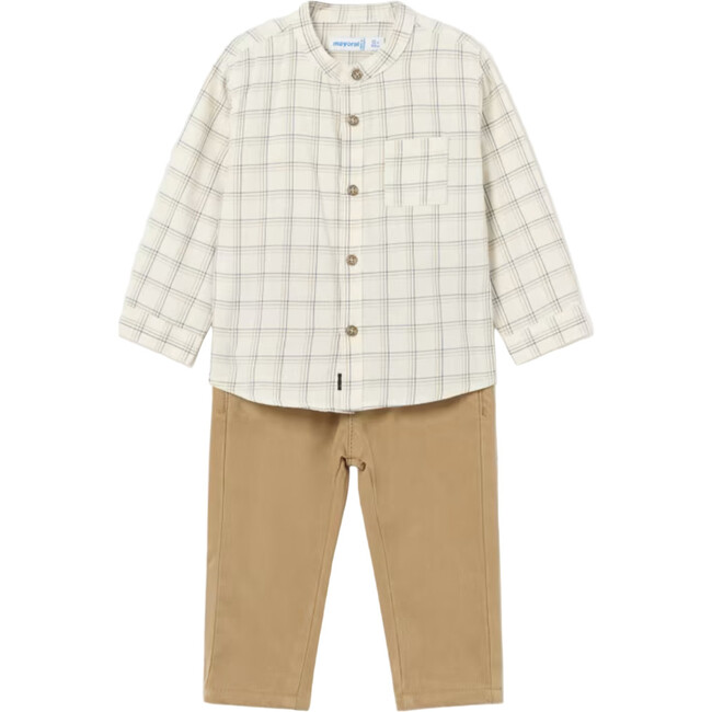 Baby Check Shirt and Pants Set, Beige - Mixed Apparel Set - 1