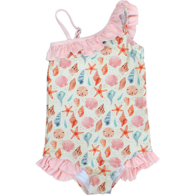 Sandy Seashells Ruffle Leg One Piece Girls Swimsuit Beige/Multi
