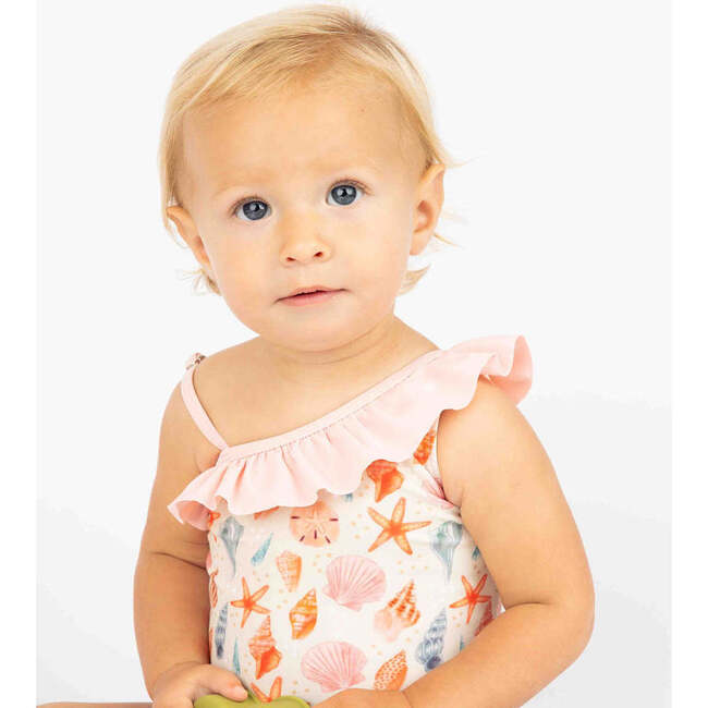 Sandy Seashells Ruffle Leg One Piece Girls Swimsuit Beige/Multi - One Pieces - 5