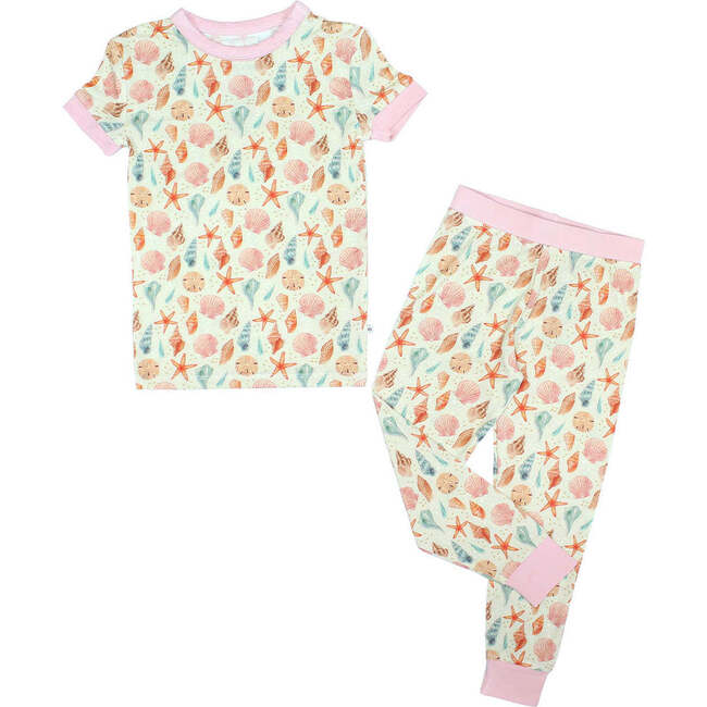 Sandy Seashells Bamboo Short Sleeve Kids Pajama Pants Set Beige/Multi