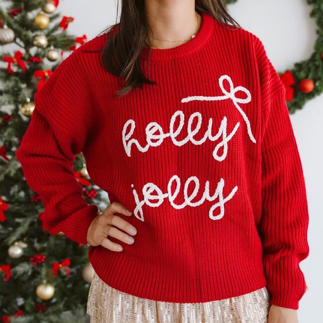 Holly Jolly Bow Christmas Knit Women's Sweater, Ruby Red - Sweaters - 3