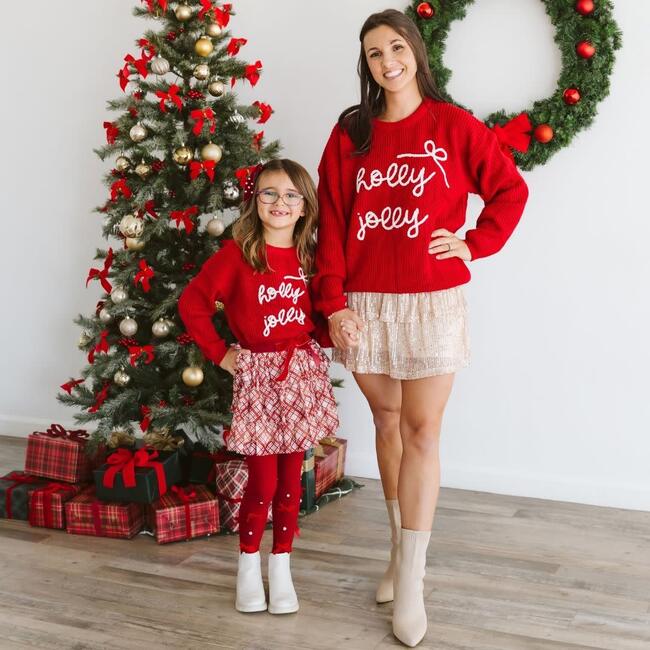 Holly Jolly Bow Christmas Knit Women's Sweater, Ruby Red - Sweaters - 4