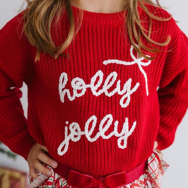Holly Jolly Bow Christmas Knit Sweater, Ruby Red - Sweaters - 3