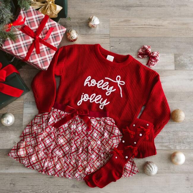 Holly Jolly Bow Christmas Knit Sweater, Ruby Red - Sweaters - 8