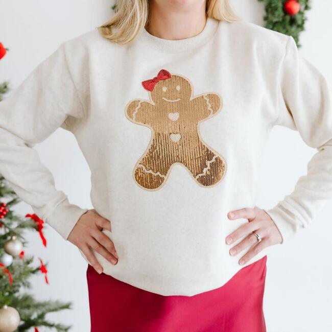 Gingerbread Sequin Patch Christmas Women's Sweatshirt, Natural - Sweatshirts - 3