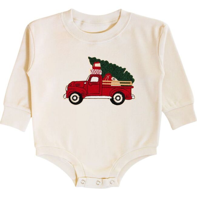 Christmas Truck Patch Long Sleeve Romper, Natural