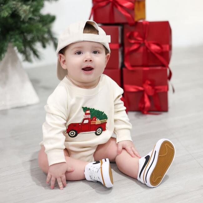 Christmas Truck Patch Long Sleeve Romper, Natural - Rompers - 2