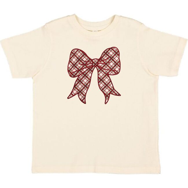 Christmas Plaid Bow Patch Short Sleeve T-Shirt, Natural