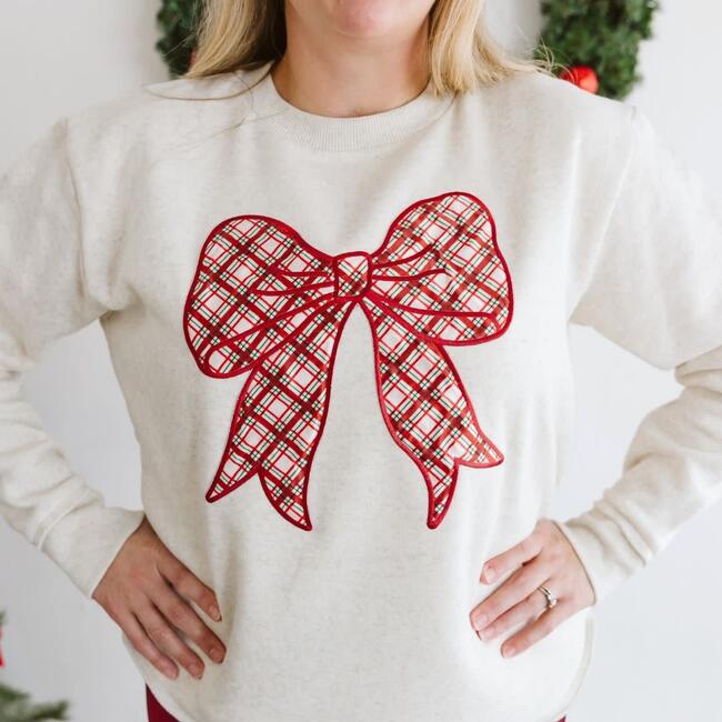 Christmas Plaid Bow Patch Women's Sweatshirt, Natural - Sweatshirts - 3