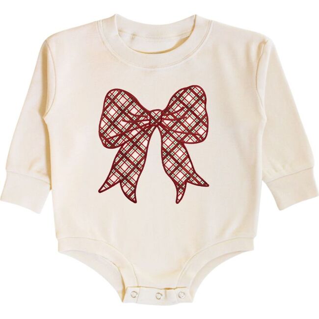 Christmas Plaid Bow Patch Long Sleeve Romper, Natural
