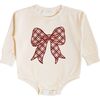 Christmas Plaid Bow Patch Long Sleeve Romper, Natural - Rompers - 1 - thumbnail