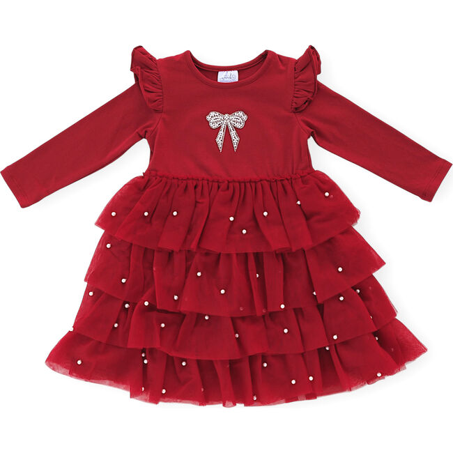 Christmas Pearl Long Sleeve Tutu Dress, Ruby Red