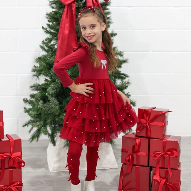 Christmas Pearl Long Sleeve Tutu Dress, Ruby Red - Dresses - 2