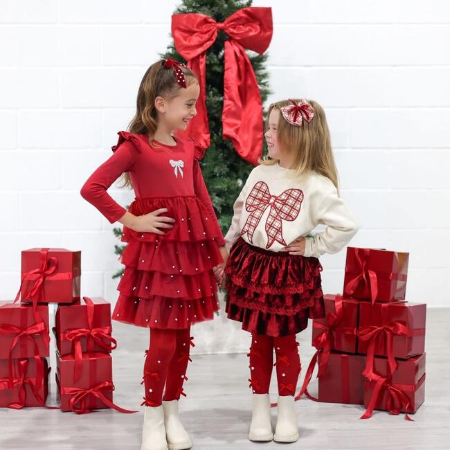 Christmas Pearl Long Sleeve Tutu Dress, Ruby Red - Dresses - 5