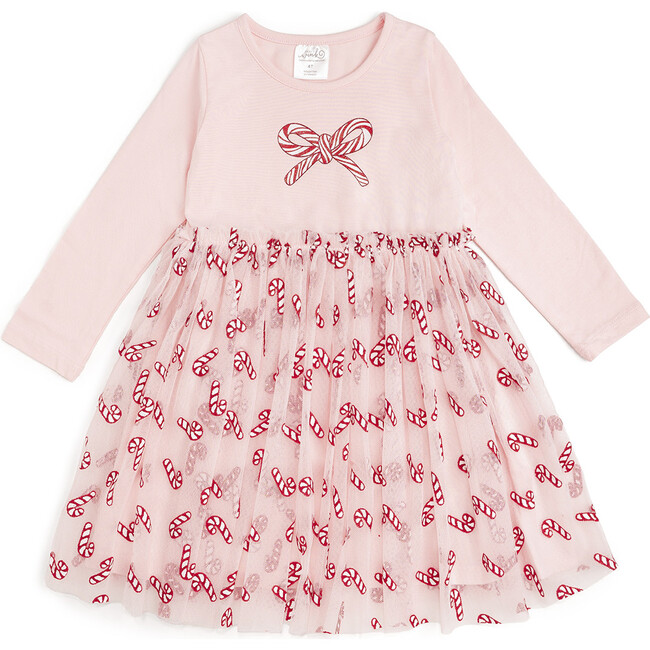 Candy Cane Confetti Christmas Long Sleeve Tutu Dress, Pink
