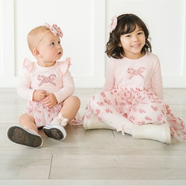 Candy Cane Confetti Christmas Long Sleeve Tutu Dress, Pink - Dresses - 5
