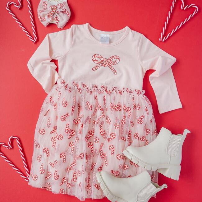 Candy Cane Confetti Christmas Long Sleeve Tutu Dress, Pink - Dresses - 7