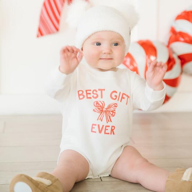 Best Gift Ever Christmas Long Sleeve Romper, White - Rompers - 3