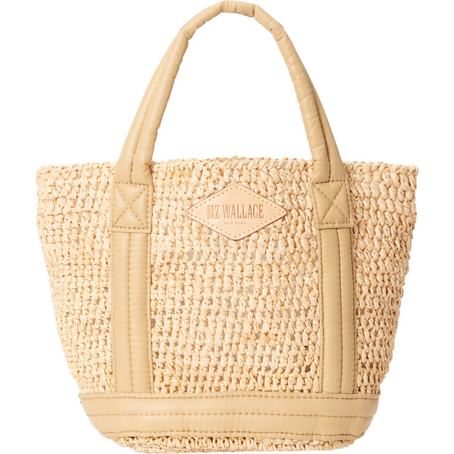 Women's Mini Raffia Tote, Camel - Bags - 1