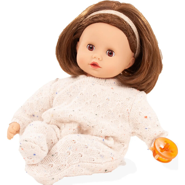 Gotz Muffin “Cozy Knits” Baby Doll – 13" Soft‑Body Doll with Brown Sleeping Eyes, Shoulder‑Length Hair, Beige Knit Romper, Headband & Pacifier – Ages 3+