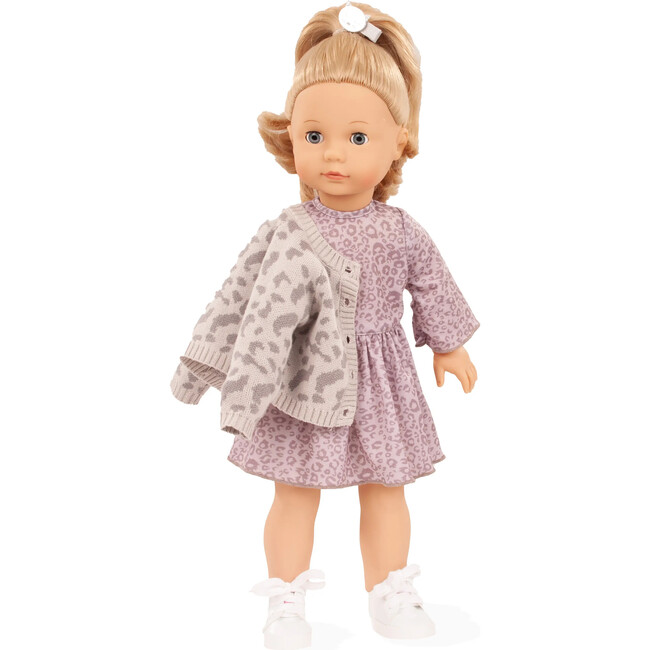 Gotz Jessica “Grey Cats” Precious Day Doll – 18" Standing Girl with Sleeping Eyes, Lilac‑Gray Leopard Dress & Cardigan, White Sneakers – Ages 3+