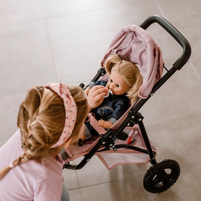 Gotz 3‑Wheel Doll Buggy “Soft Mood” – Compact Grey‑Pink Doll Stroller with Sunshade, Soft Handle & Storage Basket – Fits Dolls up to 19.5" – Ages 3+
