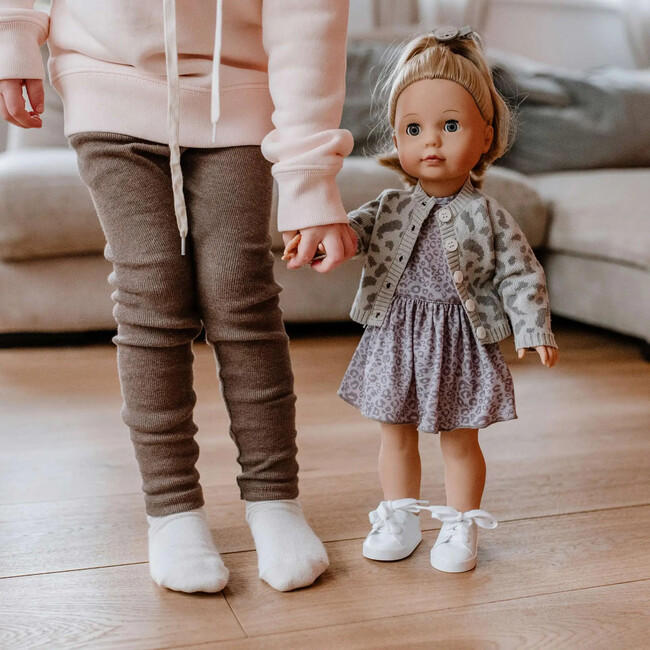 Gotz Jessica “Grey Cats” Precious Day Doll – 18" Standing Girl with Sleeping Eyes, Lilac‑Gray Leopard Dress & Cardigan, White Sneakers – Ages 3+ - Dolls - 2