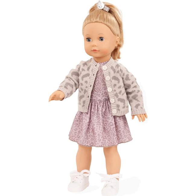 Gotz Jessica “Grey Cats” Precious Day Doll – 18" Standing Girl with Sleeping Eyes, Lilac‑Gray Leopard Dress & Cardigan, White Sneakers – Ages 3+ - Dolls - 4
