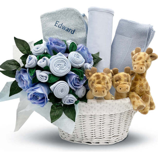 Personalized Three Little Giraffes Luxury New Baby Hamper, Blue - Mixed Apparel Set - 1