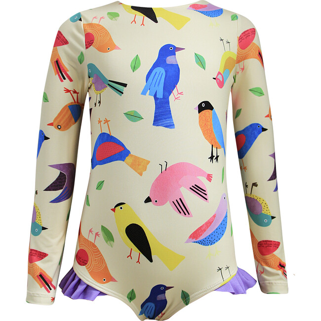 Girls Knot Longsleeve Swimsuit, Birds Collage Yellow - One Pieces - 1