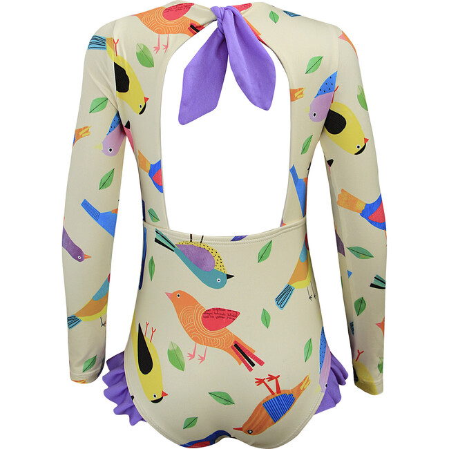 Girls Knot Longsleeve Swimsuit, Birds Collage Yellow - One Pieces - 3