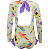 Girls Knot Longsleeve Swimsuit, Birds Collage Yellow - One Pieces - 3