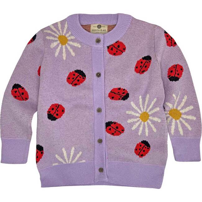 Daisy Bug Crew Neck Long Sleeve Knit Sweater, Lila