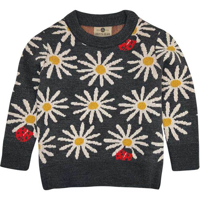 Daisy Bug Crew Neck Long Sleeve Knit Sweater, Gray - Sweaters - 1