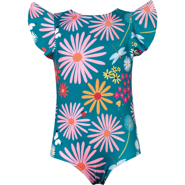 Dayana Garden Print Flounce Sleeve One-Piece Swimsuit, Blue - One Pieces - 1