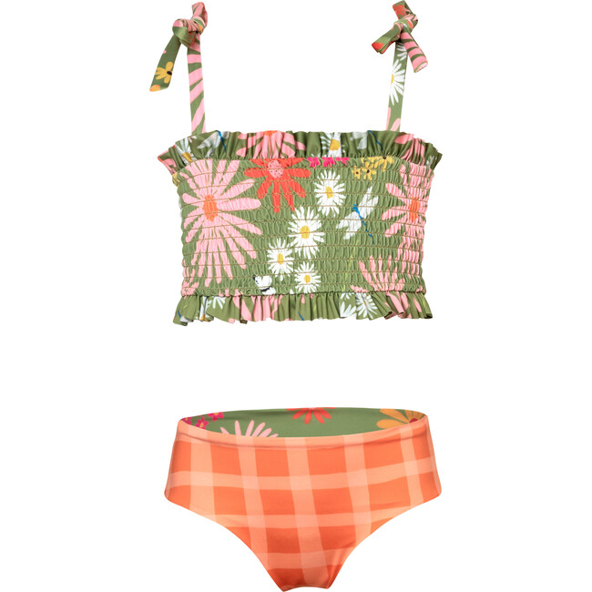 Waffle Garden Print Ruched Top & Reversible Bottom Bikini, Green - Two Pieces - 1