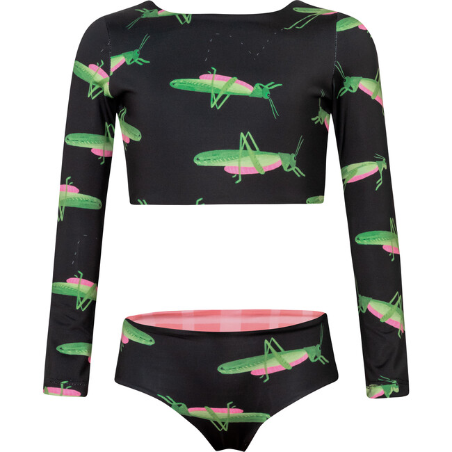 Sun Mountain Print Long Sleeve Top & Reversible Bottom Bikini, Black - Two Pieces - 1