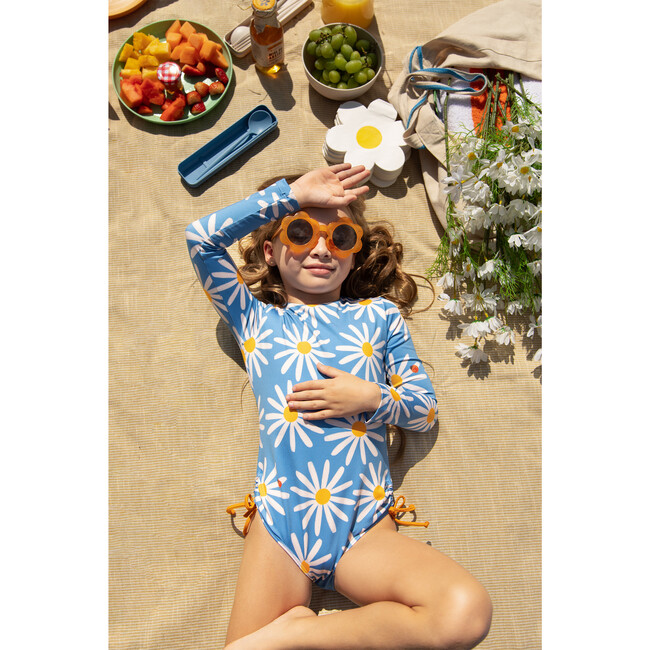 Jess Daisy Bug Print Long Sleeve One-Piece Swimsuit, Blue