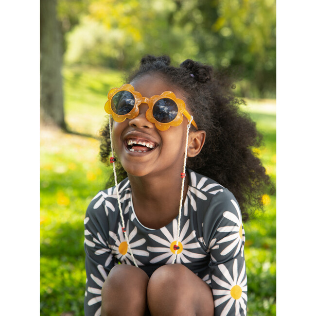 Sun Daisy Bug Print Long Sleeve Top & Reversible Bottom Bikini, Grey