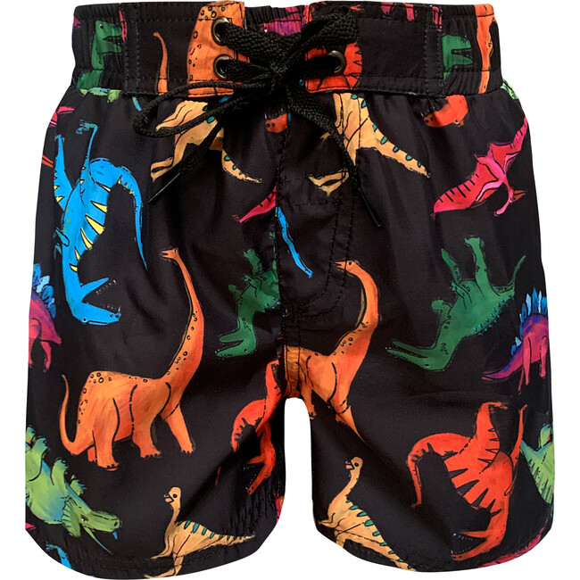 Dino Print Drawstring Swim Shorts, Black - Swim Trunks - 1