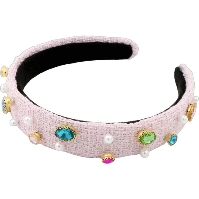 Pink Tweed Bejeweled Headband - Headbands - 2