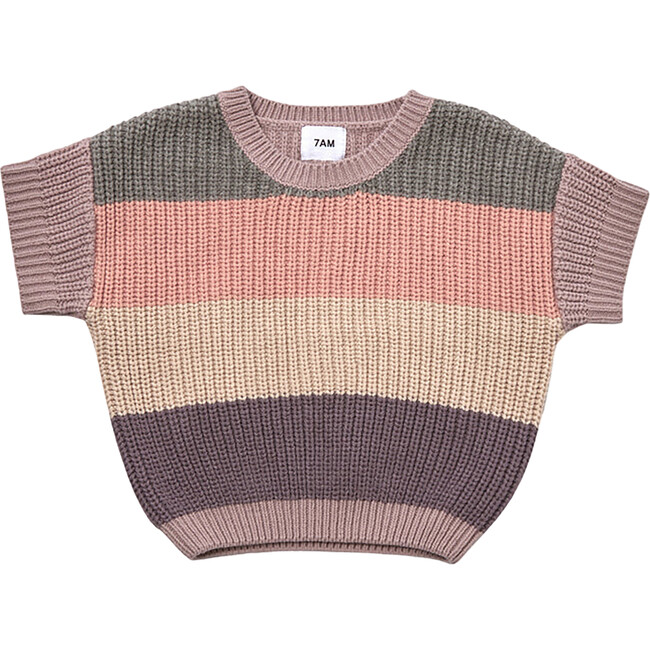 Chunky Ribbed Knit Striped Round Neck Short Sleeve Wide Boxy Fit Sweater, Multicolors - Sweaters - 1