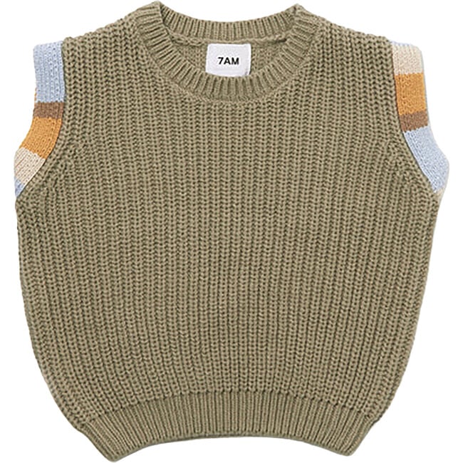 Chunky Ribbed Knit Crew Neck Sleeveless Wide Boxy Fit Tank Top, Olive - Tank Tops - 1