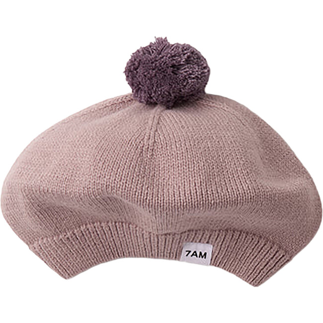 Chunky Ribbed Cotton Knit Pom Pom Beret, Ash Rose - Hats - 1