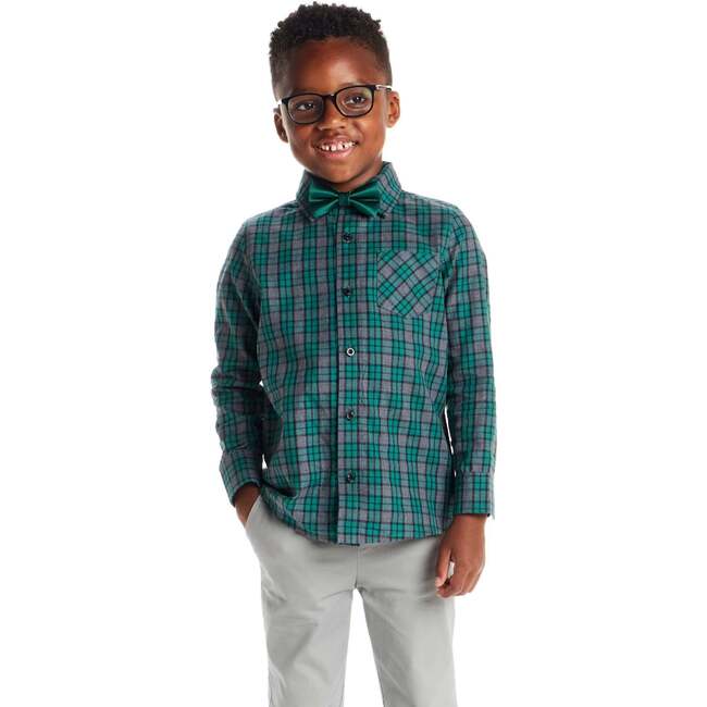 Kids Plaid Buttondown & Bowtie Set, Green Plaid - Mixed Apparel Set - 2