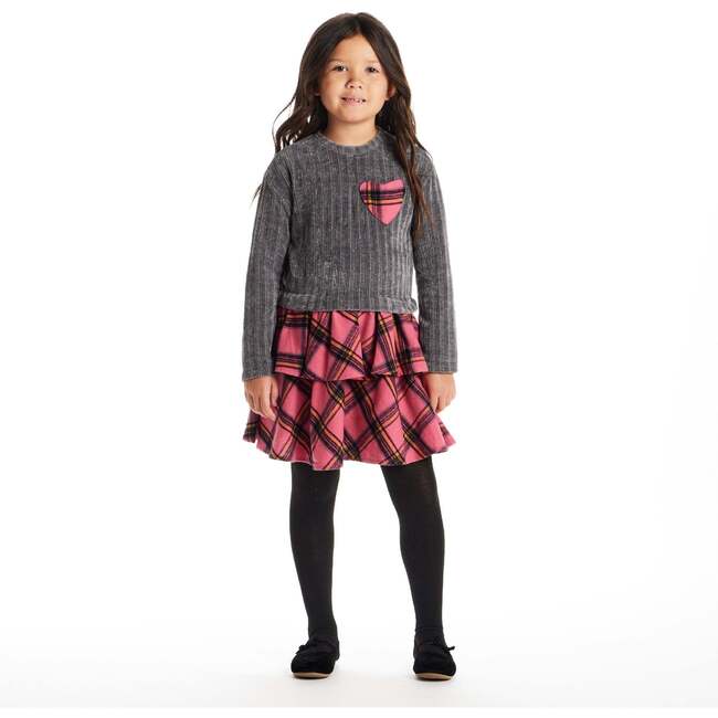 Kids Knit Top Plaid Skirt Dress, Grey & Pink Heart - Dresses - 2